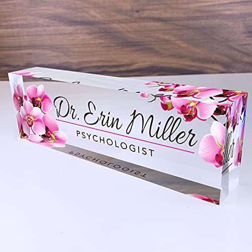 Artblox Custom Desk Name Plate - Orchids Design on Clear Acrylic Glass - Personalized with Your Name and Credentials for Office