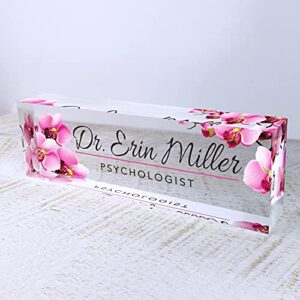 Artblox Custom Desk Name Plate - Orchids Design on Clear Acrylic Glass - Personalized with Your Name and Credentials for Office