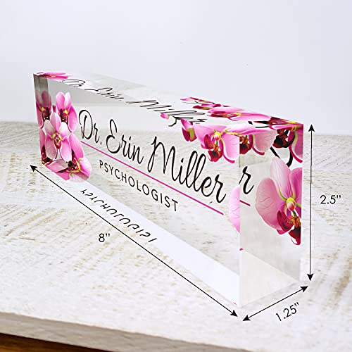 Artblox Custom Desk Name Plate - Orchids Design on Clear Acrylic Glass - Personalized with Your Name and Credentials for Office