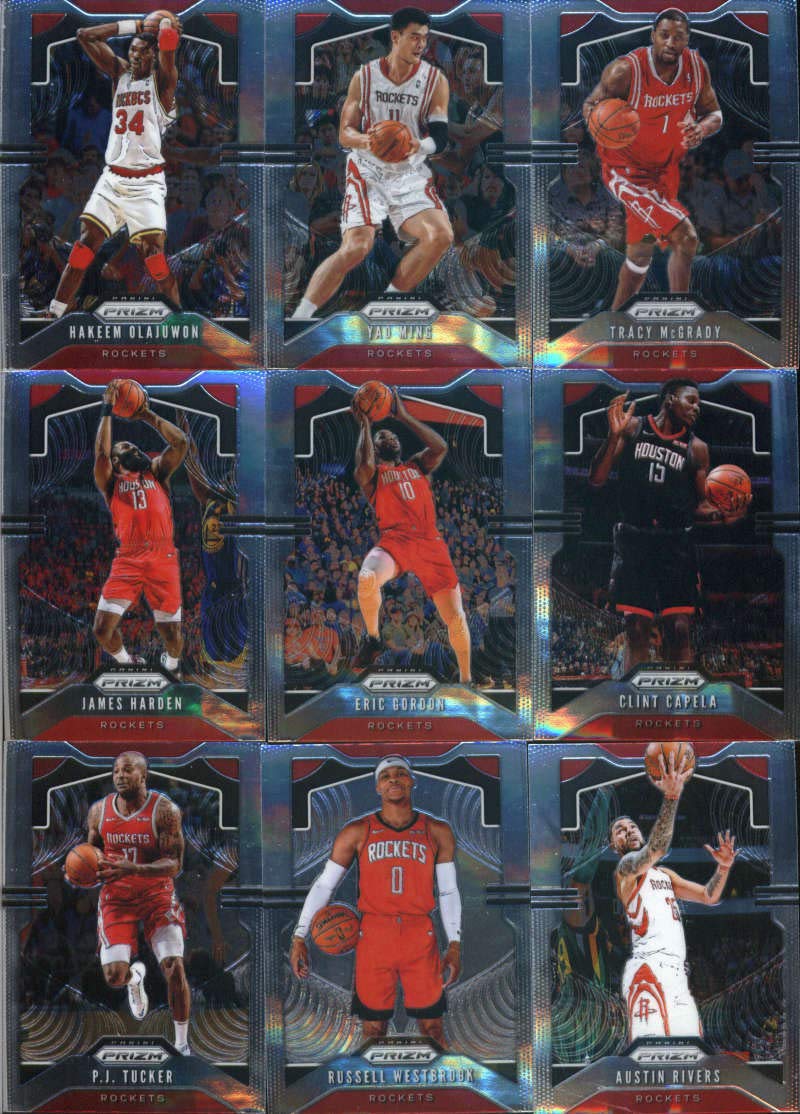 2019-20 Panini Prizm Basketball Houston Rockets Veteran Team Set of 9 Cards: Hakeem Olajuwon(#4), Yao Ming(#7), Tracy McGrady(#26), James Harden(#107), Eric Gordon(#109), Clint Capela(#110), P.J. Tucker(#111), Russell Westbrook(#182), Austin Rivers(#213)