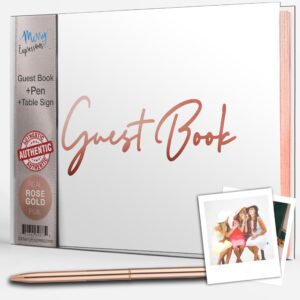merry expressions rose gold guest book wedding reception with pen & sign - polaroid guest book for bridal or baby shower & birthday parties - pink foil texture guestbook, gilded pages 7"x9" inches