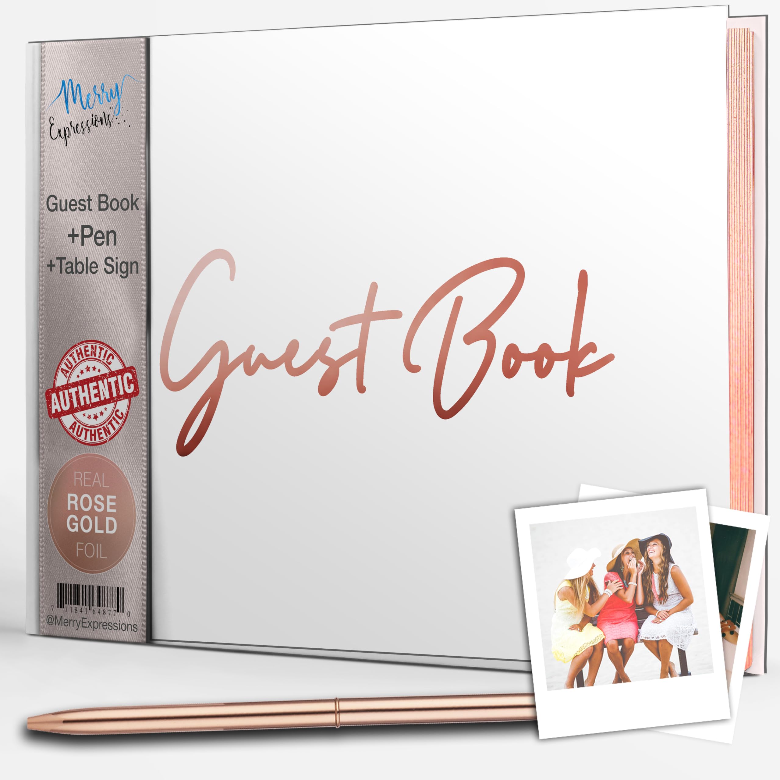 Merry Expressions Rose Gold Guest Book Wedding Reception with Pen & Sign - Polaroid Guest Book for Bridal or Baby Shower & Birthday Parties - Pink Foil Texture Guestbook, Gilded Pages 7"x9" inches