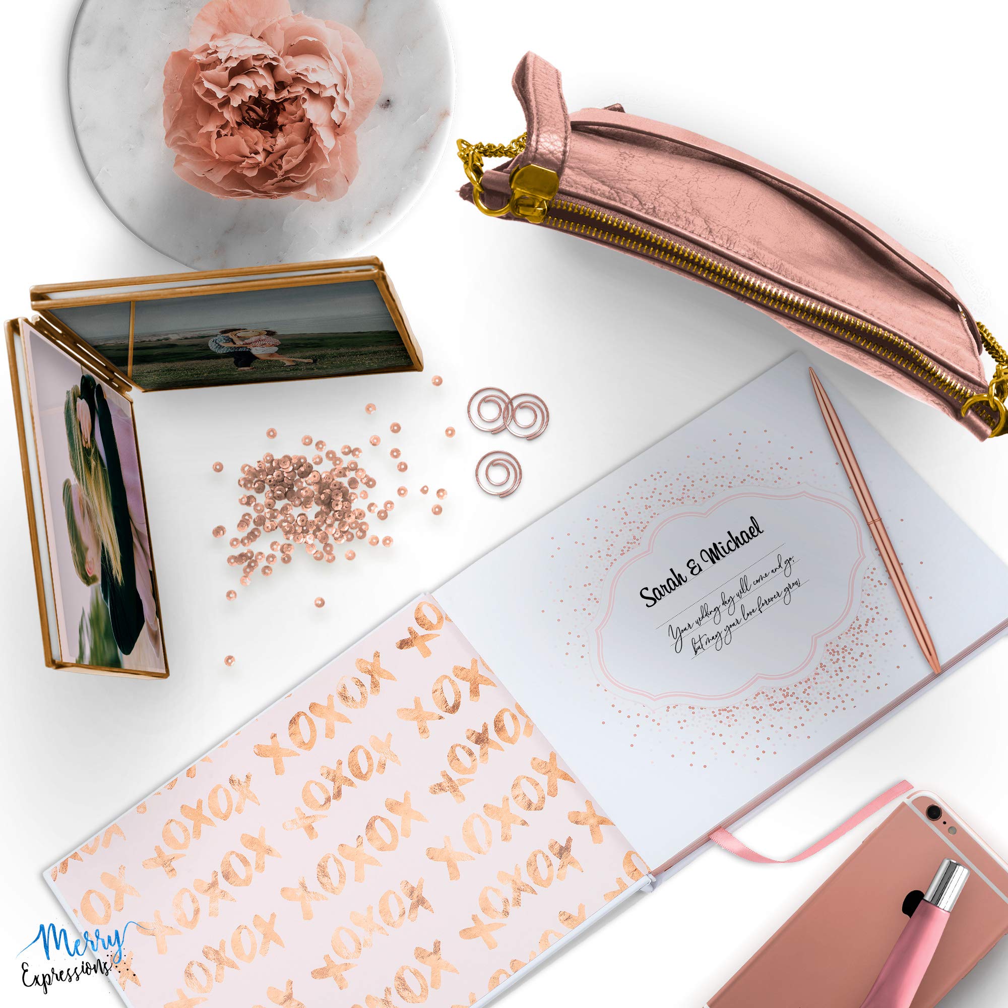 Merry Expressions Rose Gold Guest Book Wedding Reception with Pen & Sign - Polaroid Guest Book for Bridal or Baby Shower & Birthday Parties - Pink Foil Texture Guestbook, Gilded Pages 7"x9" inches