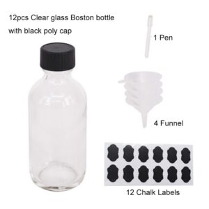 BPFY 12 pack 2 oz Clear Glass Bottle With Black Poly Cap, Funnel, Boston Round Sample Bottles for Syrup, Homemade Vanilla Extract, Essential Oils, Herbal Medicine, Wedding Christmas Decor