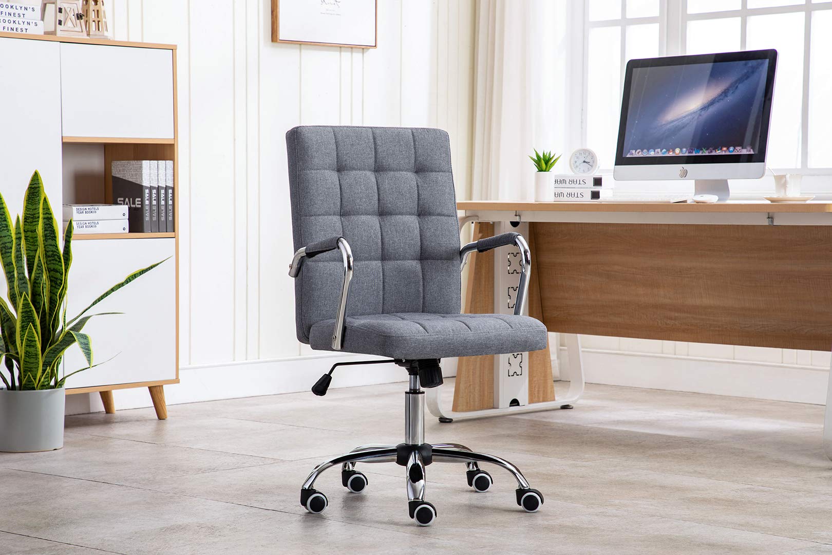 Porthos Home Ocia 360° Swivel Office Chair with Durable Hemp Fabric Upholstery in Classy Tufted Design, Adjustable Height, Ergonomic Armrests and Roller Wheels