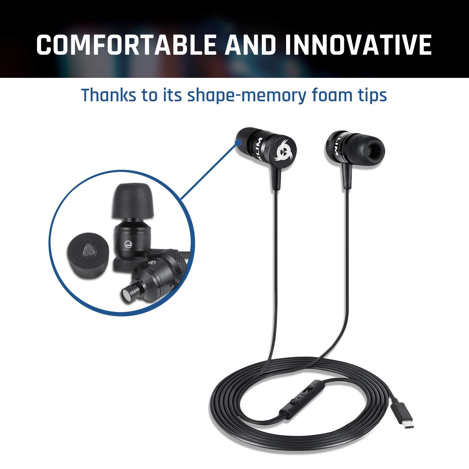 KLIM Fusion C - USB-C Earbuds with Microphone + Long-Lasting Wired Ear Buds + 5 Years Warranty - Innovative: in-Ear with Memory Foam + Earphones with Mic and 3.5 mm Jack - New Version 2024 - Black