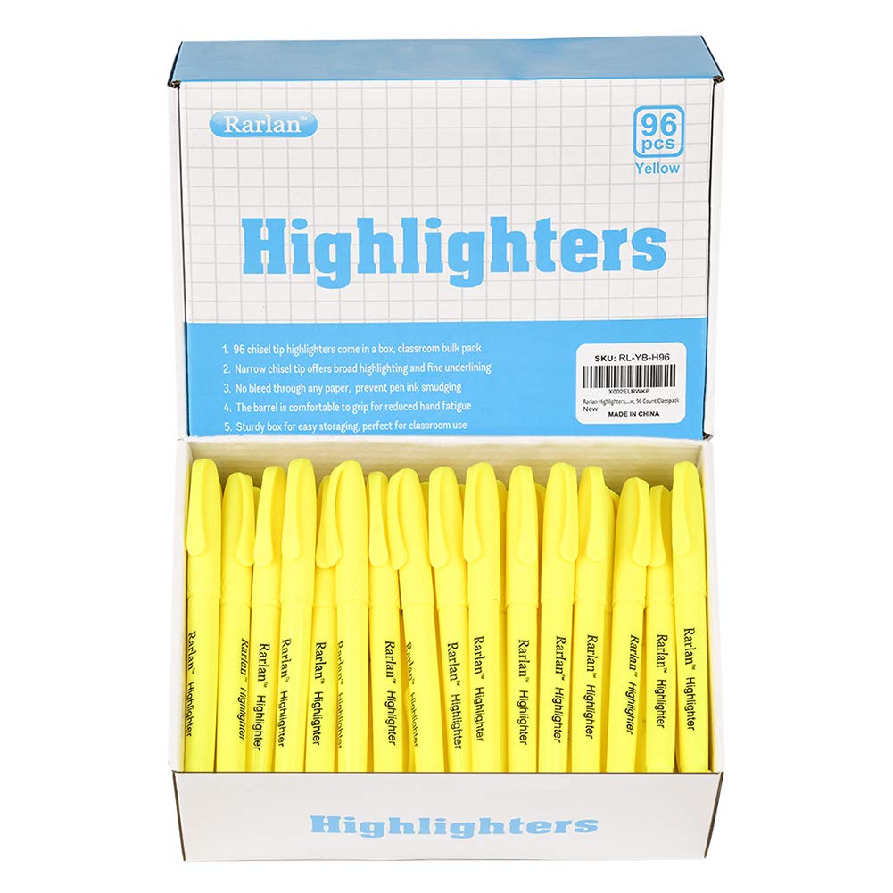 Rarlan Highlighters, Chisel Tip, Fluorescent Yellow, 96 Count Bulk Pack