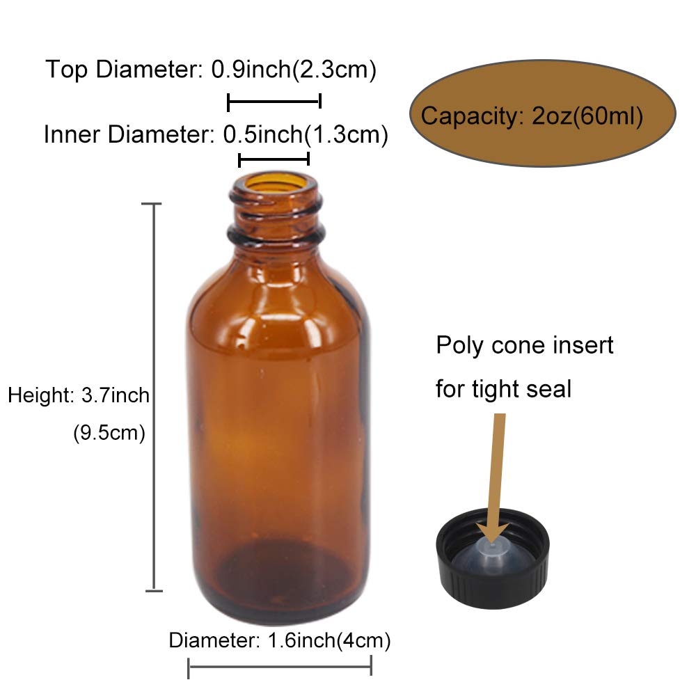 BPFY 12 pack 2oz Amber Boston Glass Bottle With Black Poly Cap, Funnel, Chalk Labels, Pen Dispensing Bottles for Homemade Vanilla Extract, Essential Oils, Herbal Medicine, Wedding Christmas Decor