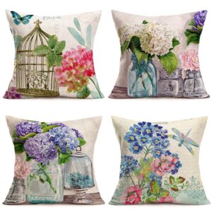 hopyeer 4pcs rustic romantic outdoor floral decor throw pillow covers hydrangea flowers bird nest bottle dragonflies butterflies cotton linen pillowcase home sofa cushion cover 18"x18"(rr-floral)