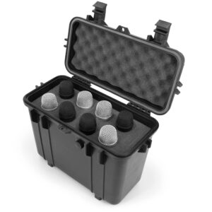 casematix microphone hard case for 8 mics compatible with sennheiser, shure, audio-technica microphones and other wireless mic system transmitter receiver microphones - case only