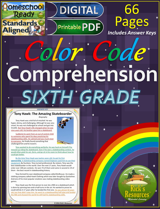 Close Reading Comprehension Color-Coding Text Evidence 6th Grade Print and Digital Versions