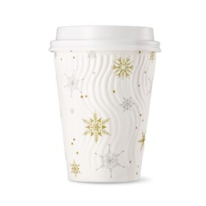 [100 set]harvest pack 12 oz christmas coffee cups, white snowflake winter disposable paper cups, insulated ripple wall paper cups with lids, xmas gold and silver foil, hot chocolate to go