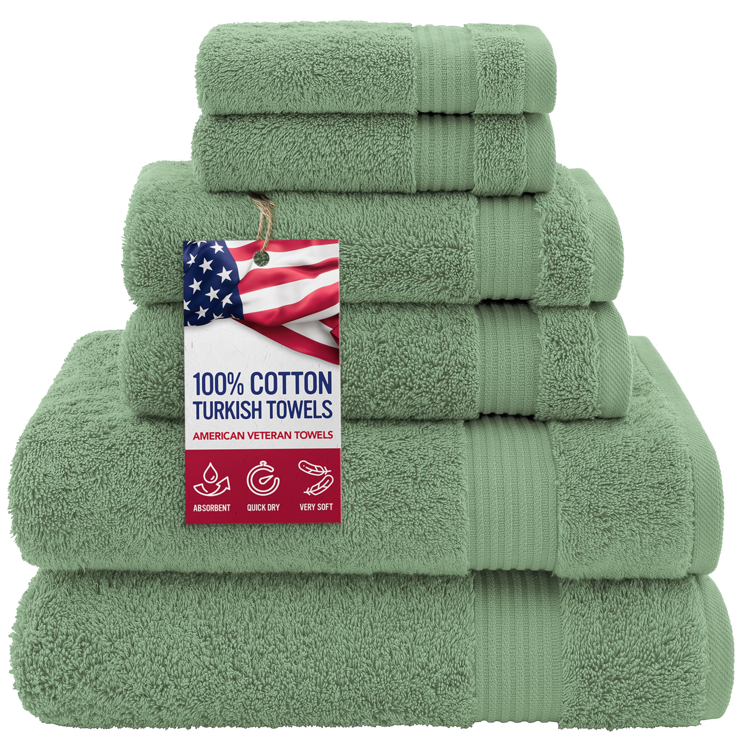 American Veteran Towel, 100% Cotton Turkish 6 Piece Towel Set, Luxury Towels Set of 6 for Bathroom Essentials, 2 Bath Towel 2 Hand Towel 2 Washcloth, Sage Green