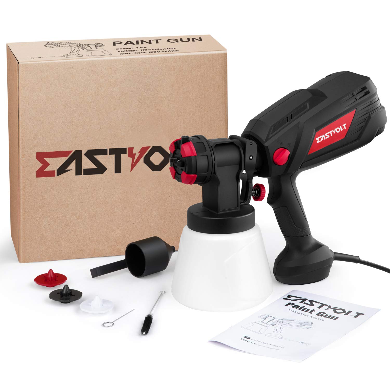 Eastvolt High Power HVLP Home Electric Spray Gun,600 Watt Paint Sprayer,4Nozzles,3 Spray Patterns with 1000ml Container,Viscosity Measuring Cup and Cleaning Set,EVSG01