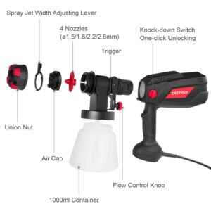 Eastvolt High Power HVLP Home Electric Spray Gun,600 Watt Paint Sprayer,4Nozzles,3 Spray Patterns with 1000ml Container,Viscosity Measuring Cup and Cleaning Set,EVSG01