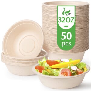 green tree products disposable paper bowls, 32 oz [50 pack] large bowl-100% compostable, biodegradable, eco-friendly - convenient for daily use for salad, hot soup, and pasta