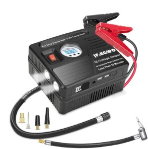 jf.egwo 3000amp car jump starter with air compressor, 150psi tire inflator with digital screen pressure gauge, 24000mah 12v auto battery booster (9.0l gas/ 8.5ldiesel engine), 2 usb port 2 light