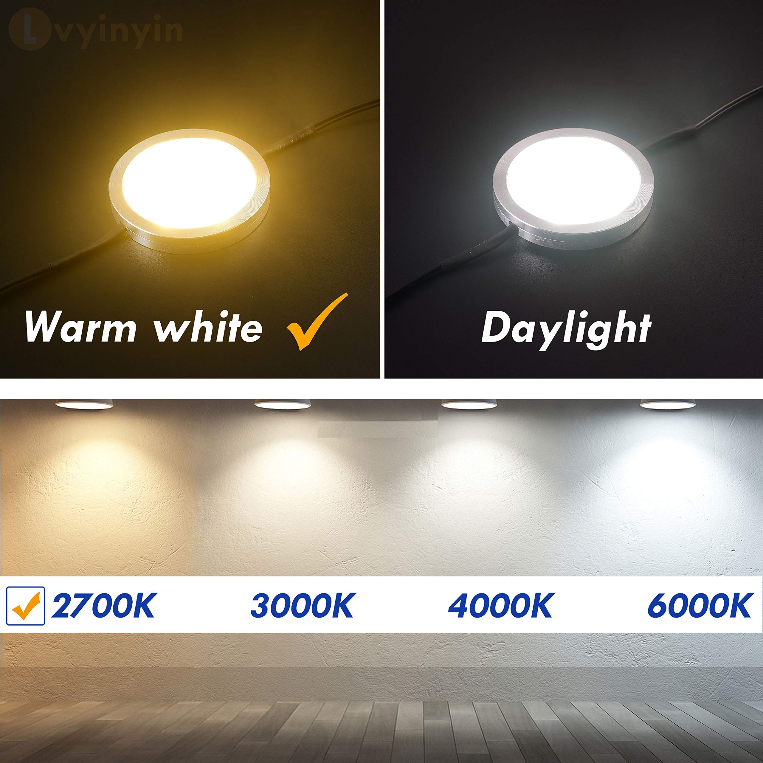 Lvyinyin LED Closet Lighting, Round Under Cabinet Puck Lights, Daisy Chained, 110 Volt Plug-in, RF Dimmable Remote Control, Y Splitter, Extension Cables, Black Wires, Warm White 2700K, 6 Lights