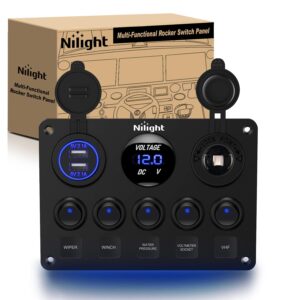 nilight 90101e 5gang multi-function 5 gang rocker dual usb charger + digital volmeter +12v outlet pre-wired switch panel with circuit breakers for rv car boat truck trailer,2 years warranty,blue