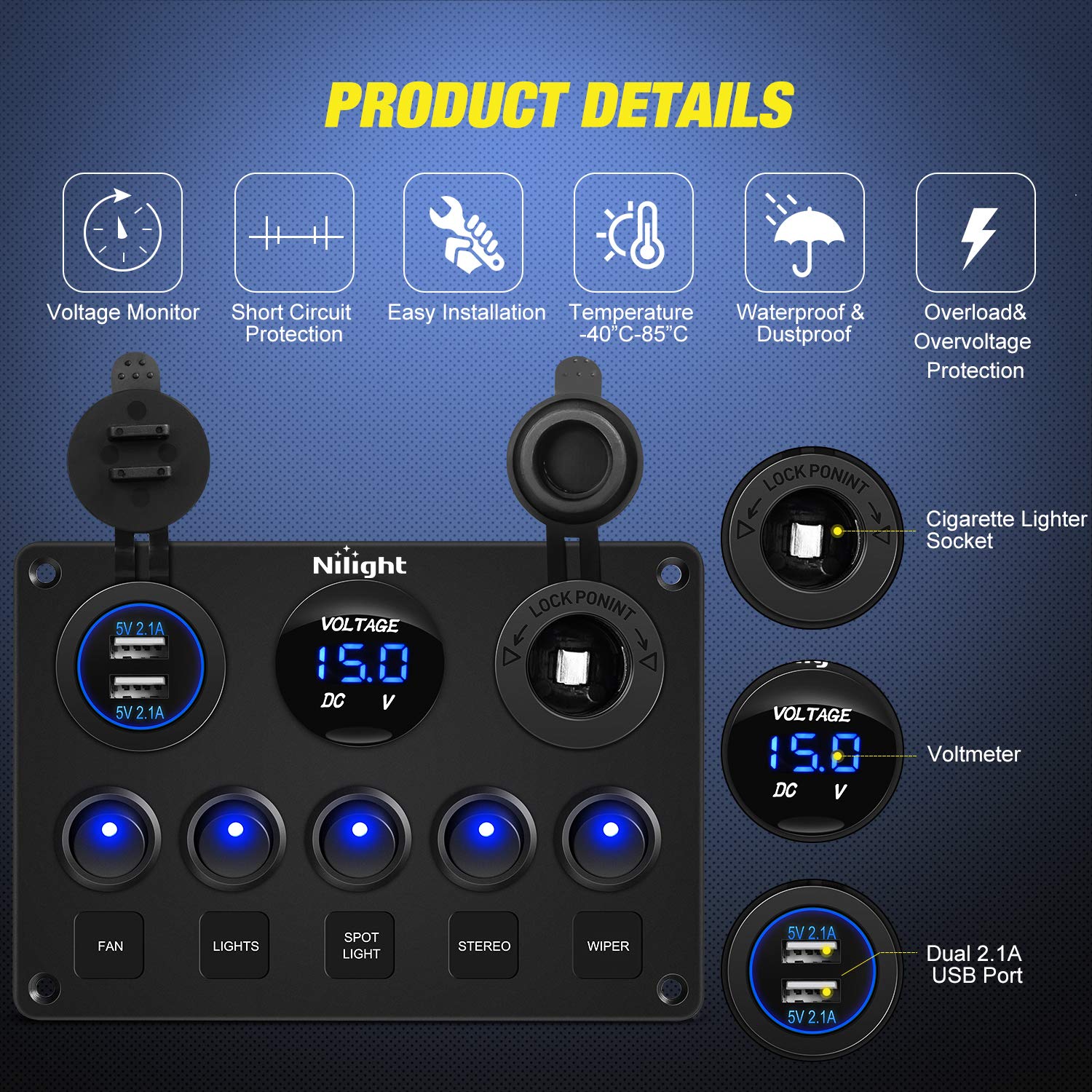 Nilight 90101E 5Gang Multi-Function 5 Gang Rocker Dual USB Charger + Digital Volmeter +12V Outlet Pre-Wired Switch Panel with Circuit Breakers for RV Car Boat Truck Trailer,2 Years Warranty,Blue