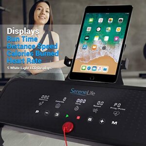 SereneLife Smart Digital Folding Treadmill - Electric Foldable Exercise Fitness Machine, Large Running Surface, 3 Incline Settings, 12 Preset Program, Sports App for Running & Walking (SLFTRD30)