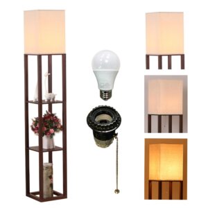 homefocus - floor lamp,shelf floor lamp with led bulb,corner display floor lamp for living room,bedroom and office,linen white shade,wood,brown.