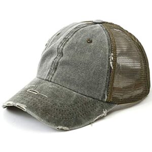 vintage distressed ponytail baseball cap washed cotton mesh trucker hat for women (army green)