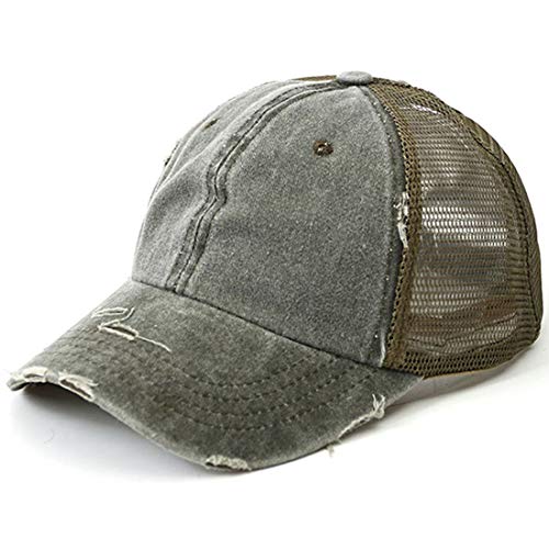 Vintage Distressed Ponytail Baseball Cap Washed Cotton Mesh Trucker Hat for Women (Army Green)