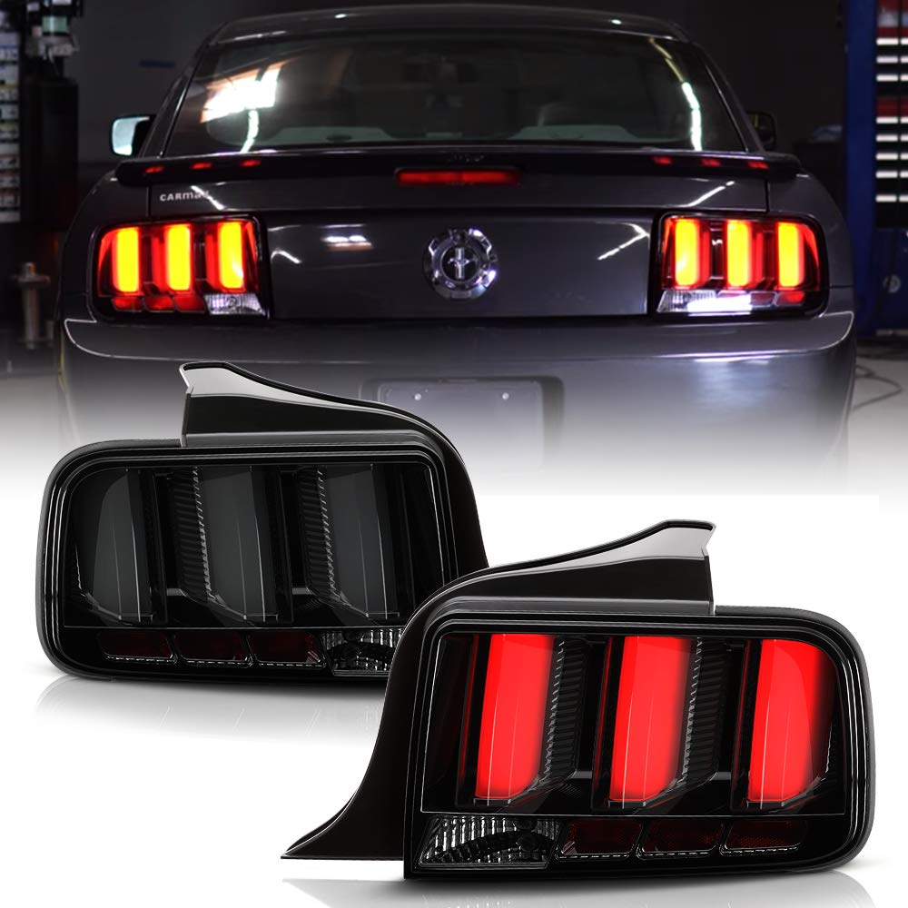 ACANII -For 2005-2009 Ford Mustang Black Housing Smoked Lens LED Tube Sequential Signal Tail Lights Brake Lamps Assembly