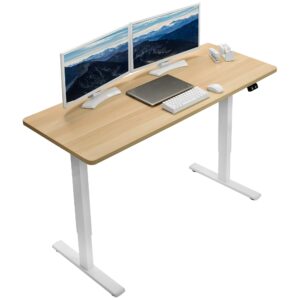vivo 60-inch electric height adjustable 60 x 24 inch stand up desk, light wood solid one-piece table top, white frame, home & office furniture sets, b0 series, desk-kit-w06c
