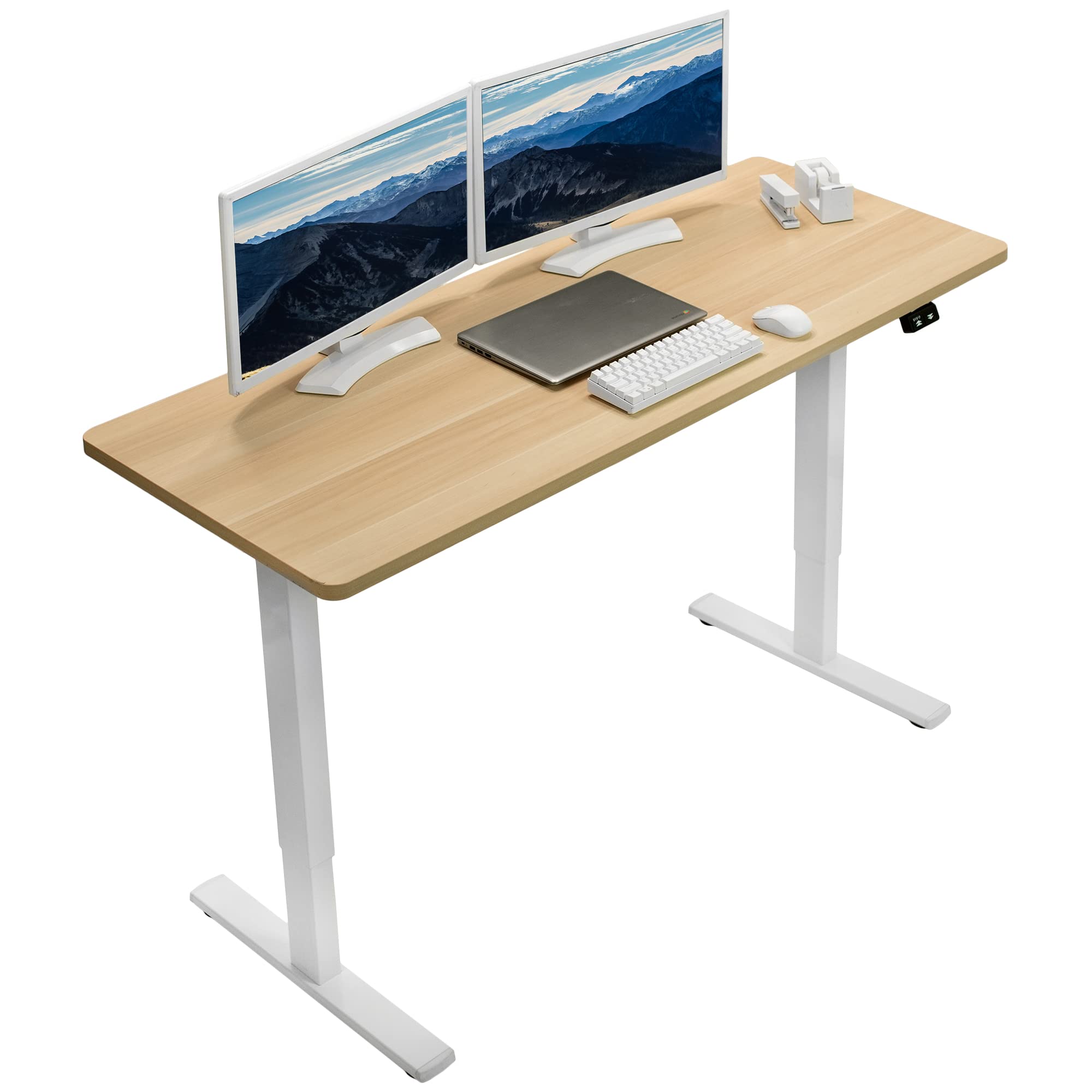 VIVO 60-inch Electric Height Adjustable 60 x 24 inch Stand Up Desk, Light Wood Solid One-Piece Table Top, White Frame, Home & Office Furniture Sets, B0 Series, DESK-KIT-W06C