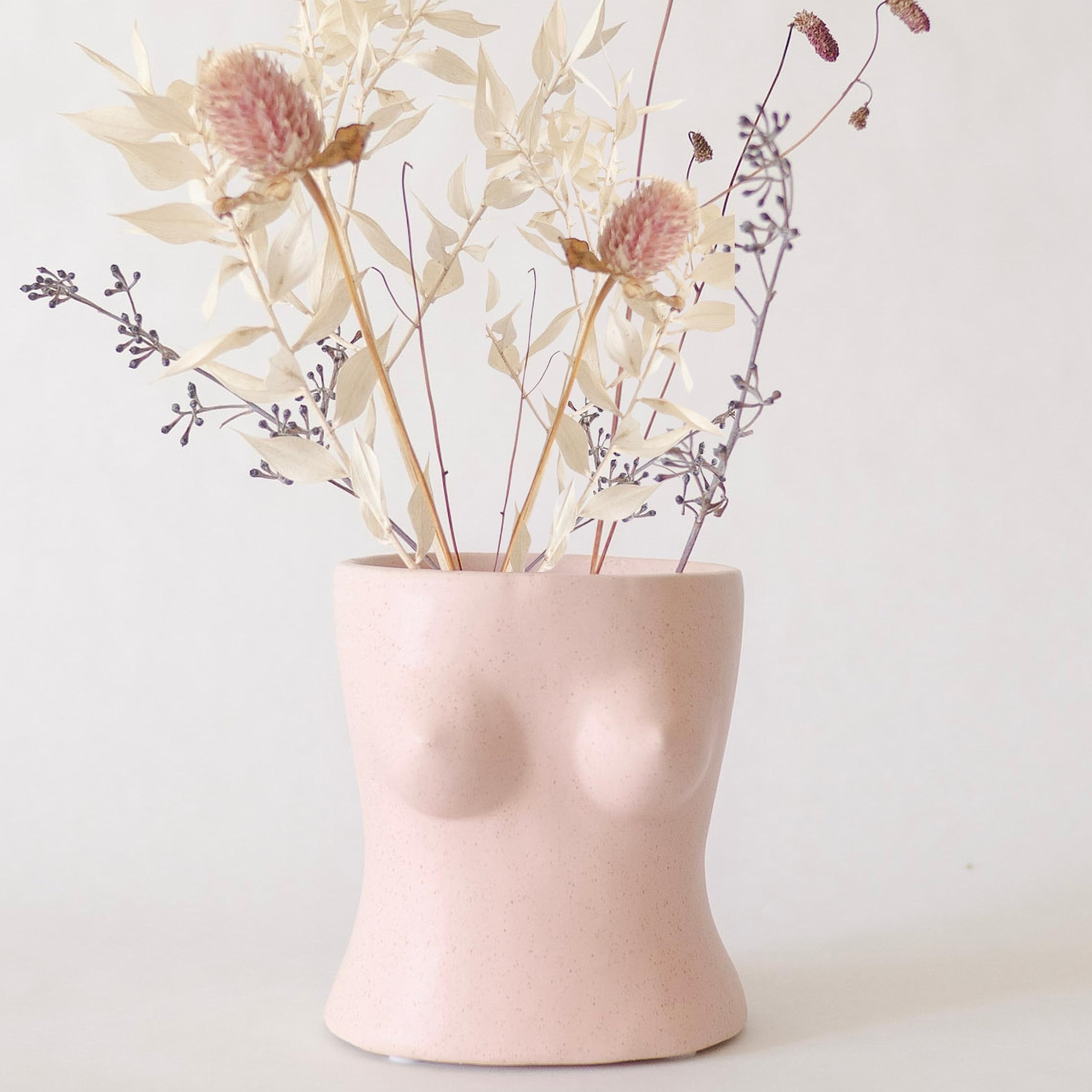 Boob Planter Body Vase Female Form Bust Flower Vase w/Drainage Hole, Speckled Matte Pink Ceramic, Modern Boho Home Decor Cute Small Indoor Plant Pot Feminine Women Shaped Sculpture Unique Boob Gifts