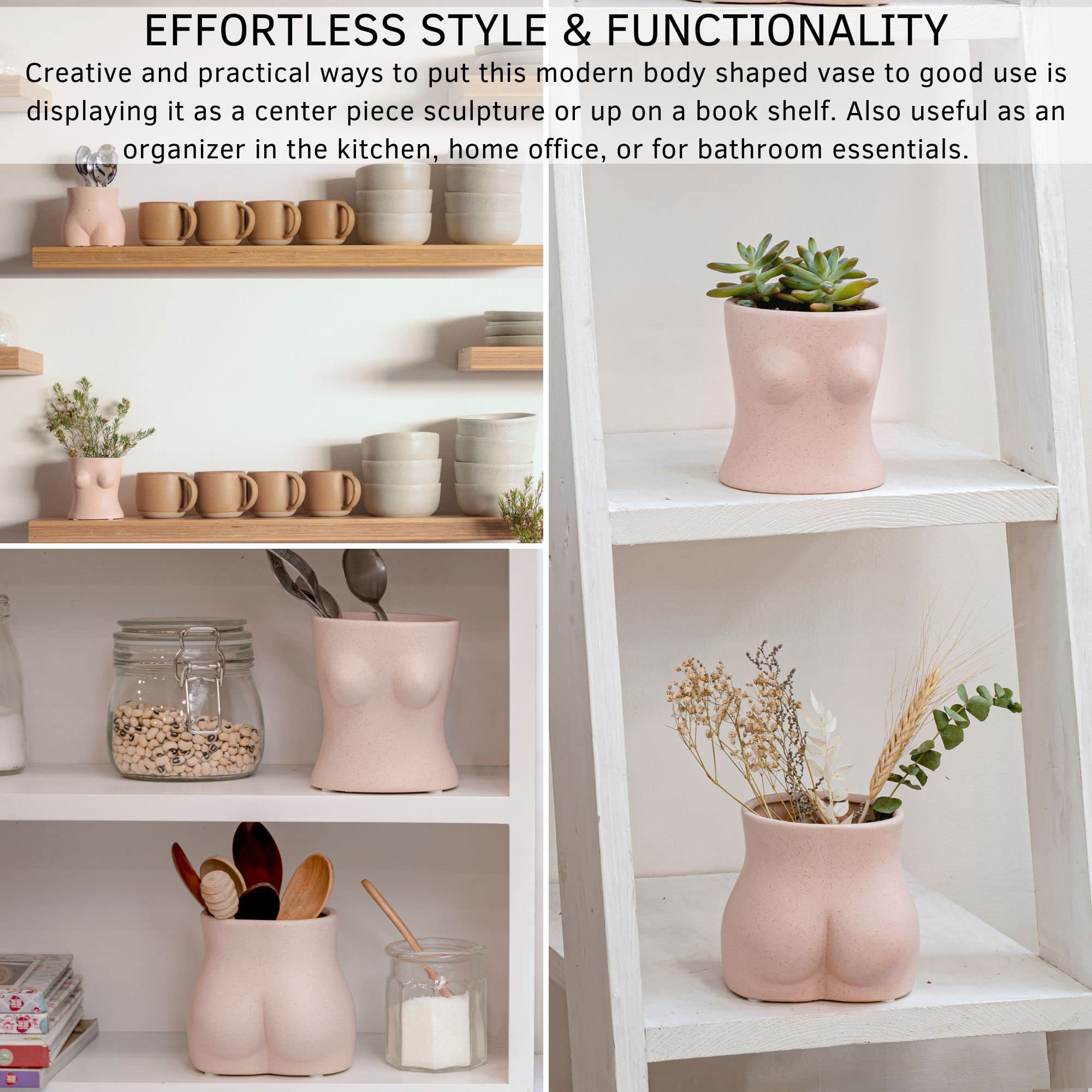 Boob Planter Body Vase Female Form Bust Flower Vase w/Drainage Hole, Speckled Matte Pink Ceramic, Modern Boho Home Decor Cute Small Indoor Plant Pot Feminine Women Shaped Sculpture Unique Boob Gifts