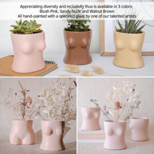 Boob Planter Body Vase Female Form Bust Flower Vase w/Drainage Hole, Speckled Matte Pink Ceramic, Modern Boho Home Decor Cute Small Indoor Plant Pot Feminine Women Shaped Sculpture Unique Boob Gifts