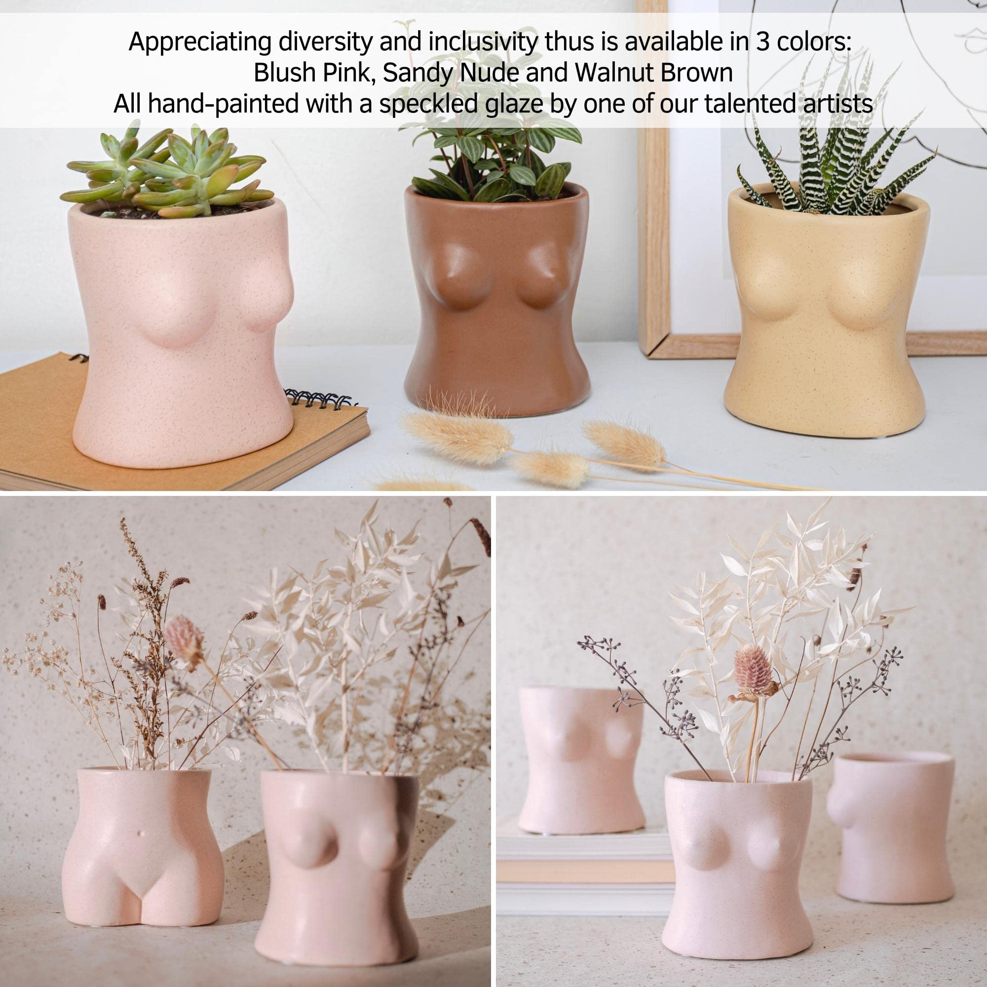 Boob Planter Body Vase Female Form Bust Flower Vase w/Drainage Hole, Speckled Matte Pink Ceramic, Modern Boho Home Decor Cute Small Indoor Plant Pot Feminine Women Shaped Sculpture Unique Boob Gifts