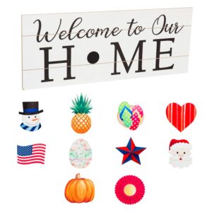 welcome to our home interchangeable wood sign | 10 pieces for all holidays and seaons | rustic farmhouse wall art decor | 28 inches x 11 inches