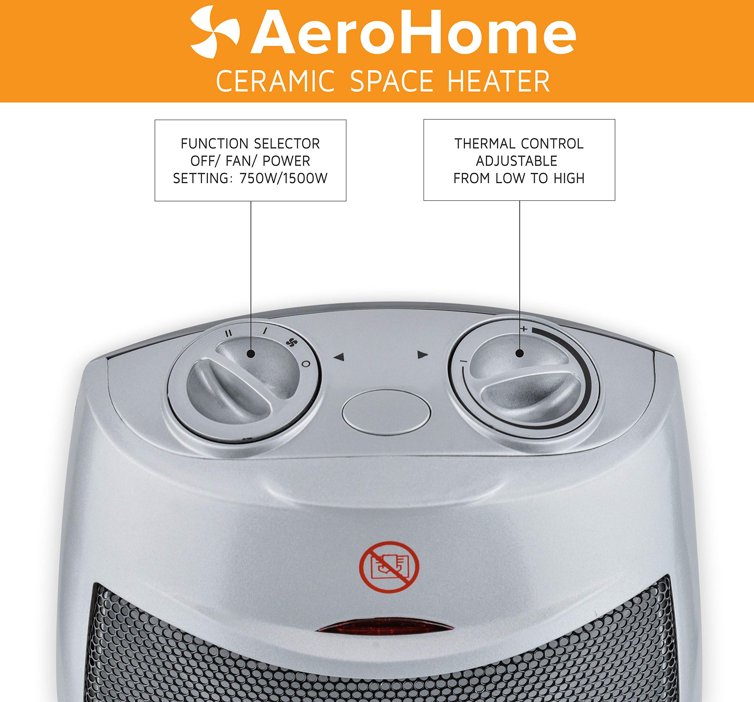 AeroHome 1500W / 750W Ceramic Portable Space Heater Indoor Electric Heater with Overheat & Tip Over Protection - Personal Room Heater with Thermostat Control for Home Bedroom and Office