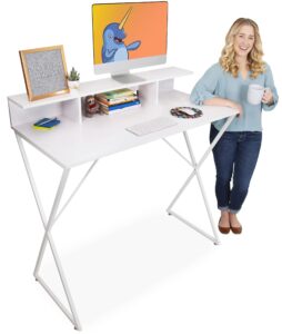 stand steady joy standing desk | pretty standing desk with shelf & built-in storage cubbies | modern stand up workstation | tall desk & reception table for home, dorm & office (white / 48in x 42in)