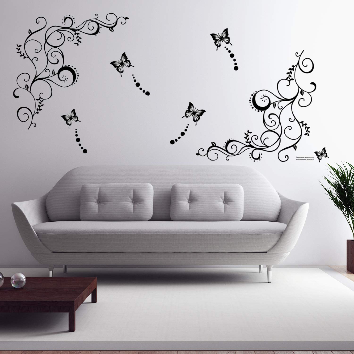 RW-051 Removable Black Vinyl Flower Vines Wall Decal Butterfly Wall Stickers Floral Wall Decor 3D Peel and Stick Art for Girls Bedroom Nursery Living Room Kids Babys Rooms Home Wall Decoration (B)