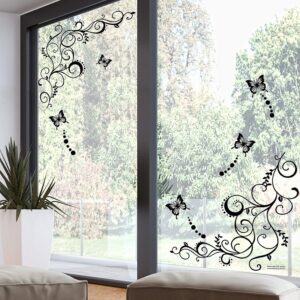 RW-051 Removable Black Vinyl Flower Vines Wall Decal Butterfly Wall Stickers Floral Wall Decor 3D Peel and Stick Art for Girls Bedroom Nursery Living Room Kids Babys Rooms Home Wall Decoration (B)