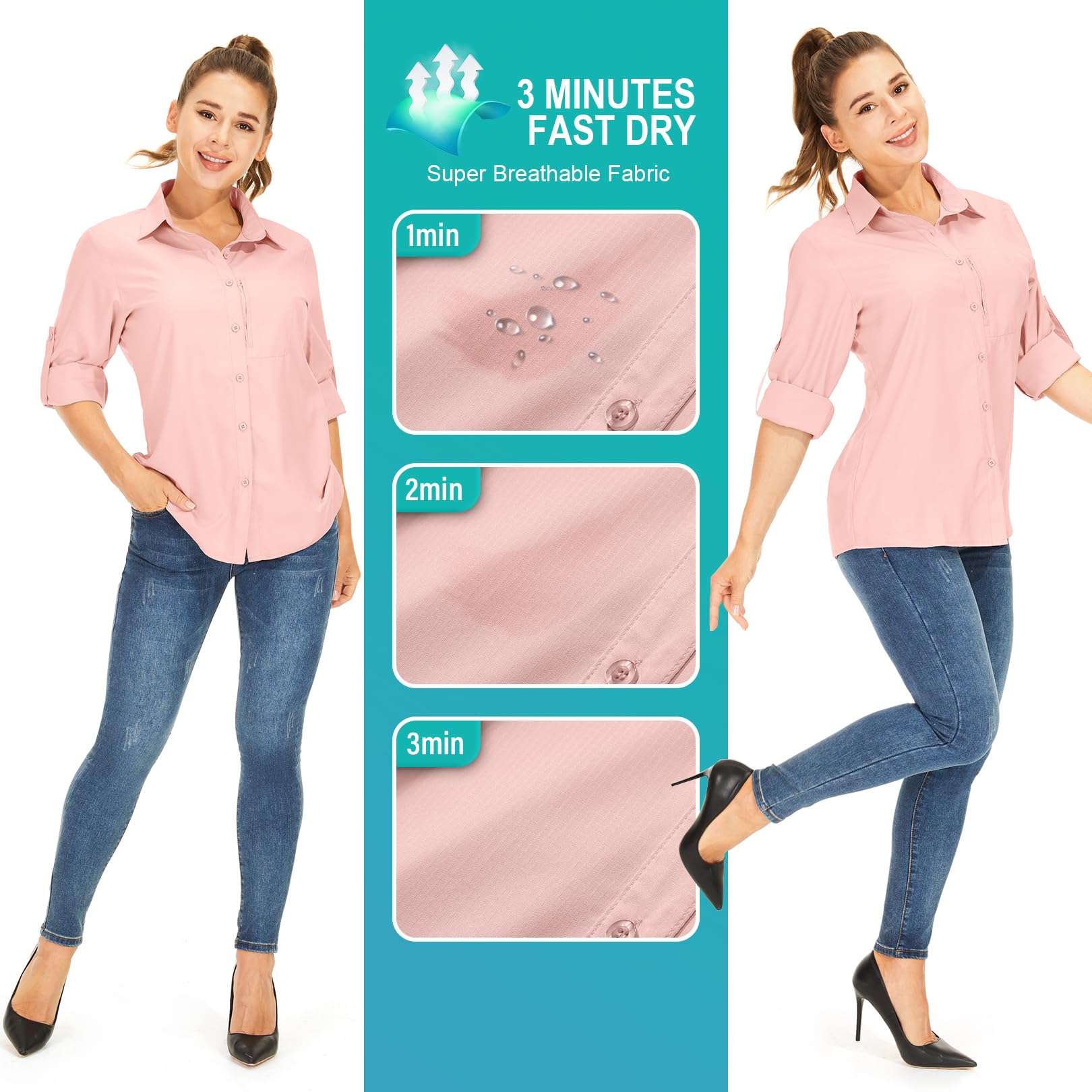 Women's Long Sleeve Safari Clothes UPF 50+ Hiking Fishing Shirts,Sun Protection Quick Dry Light Cooling Shirts(5019 Pink L)