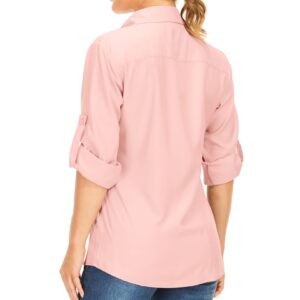 Women's Long Sleeve Safari Clothes UPF 50+ Hiking Fishing Shirts,Sun Protection Quick Dry Light Cooling Shirts(5019 Pink L)