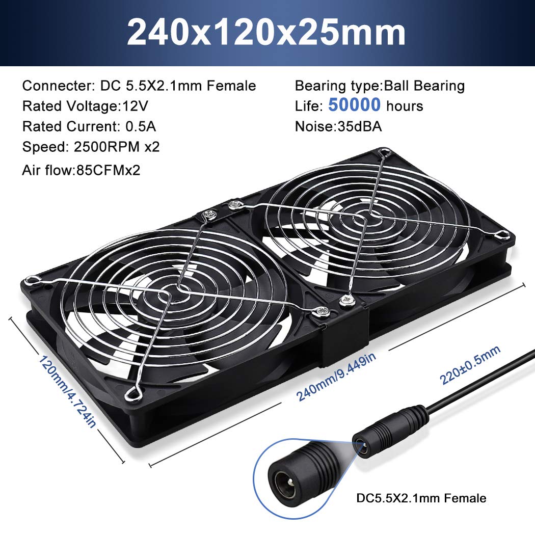 Wathai Big Airflow 2 x 120mm 240mm Computer Fan with AC Plug Cabinet Fan 110V 240V AC Power Supply, Speed Controller 3V to 12V, for Mining Machine Chassis Server Workstation Cooling