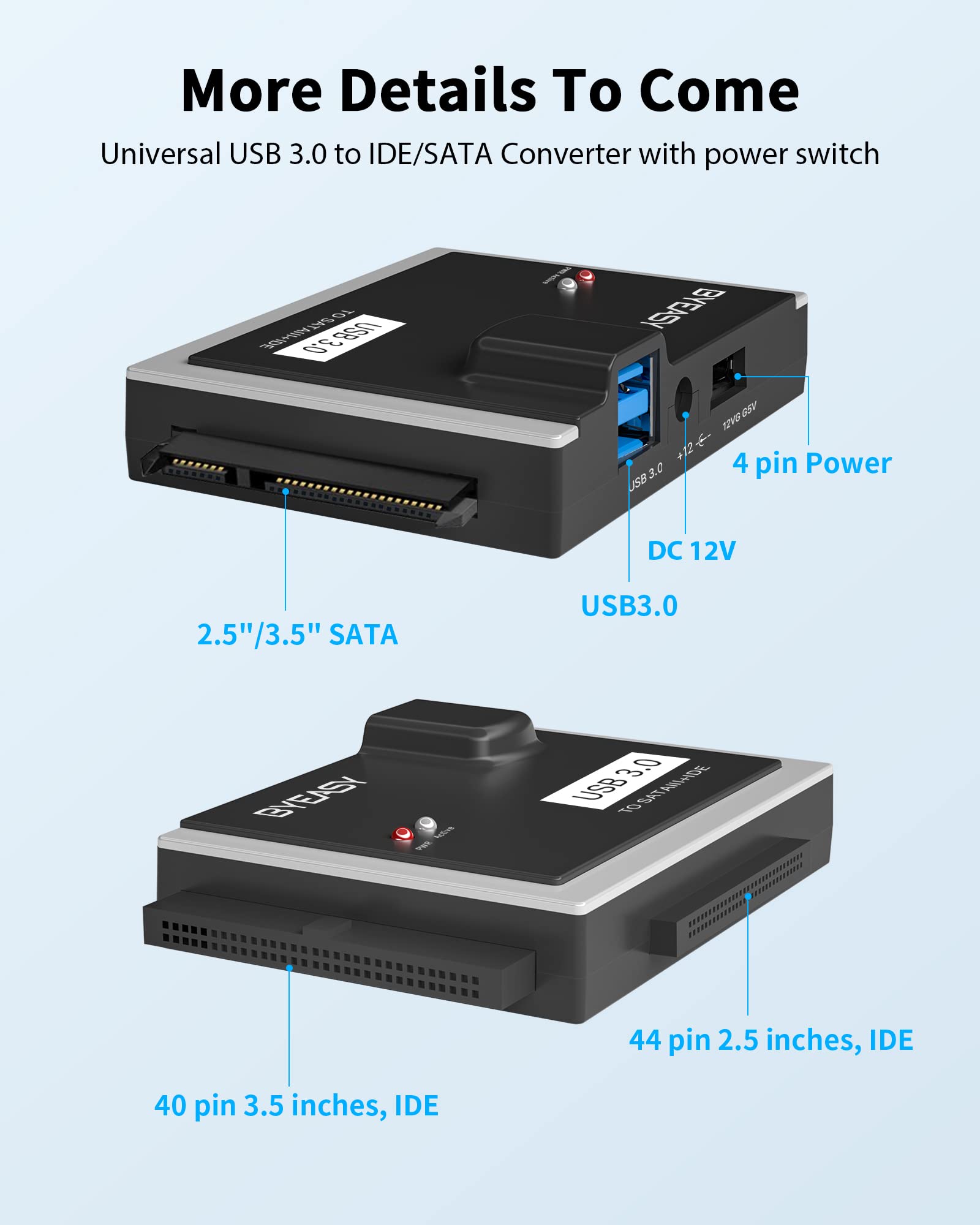 BYEASY SATA/IDE USB 3.0 Adapter, Hard Drive Reader with USB A and USB C for Universal 2.5"/3.5" Inch External HDD/SSD with 12V 2A Adapter, Support 12TB for Windows and Mac OS