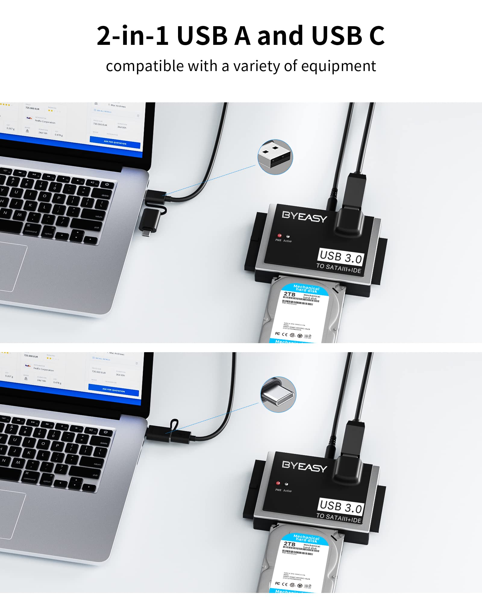 BYEASY SATA/IDE USB 3.0 Adapter, Hard Drive Reader with USB A and USB C for Universal 2.5"/3.5" Inch External HDD/SSD with 12V 2A Adapter, Support 12TB for Windows and Mac OS