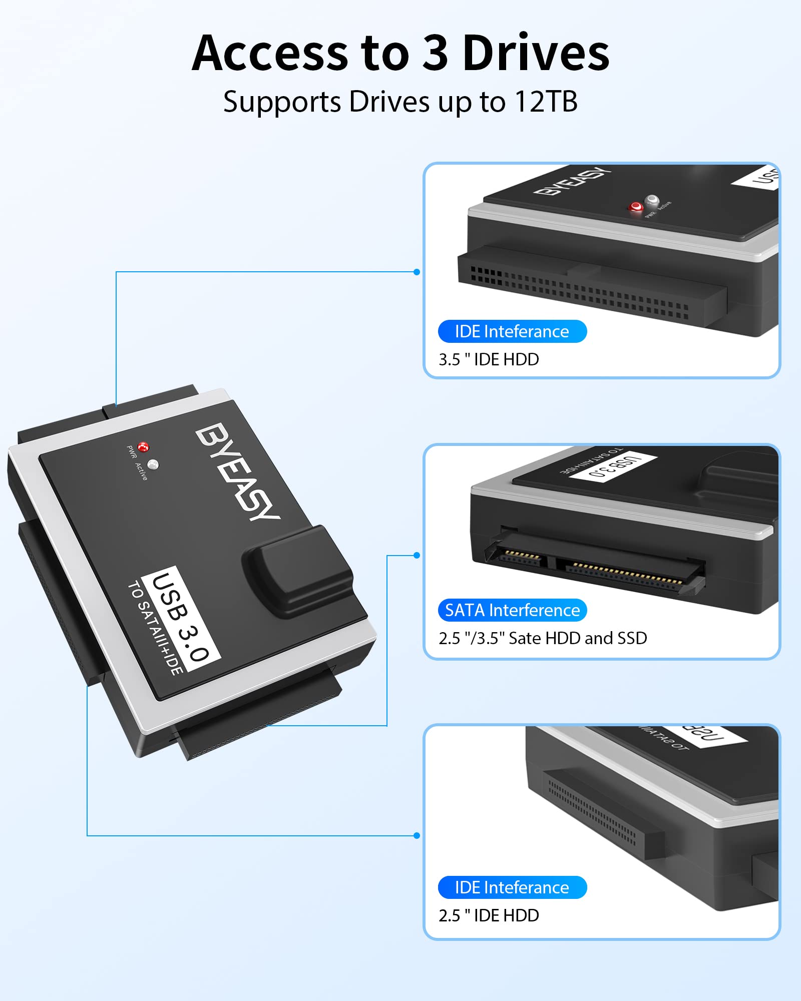 BYEASY SATA/IDE USB 3.0 Adapter, Hard Drive Reader with USB A and USB C for Universal 2.5"/3.5" Inch External HDD/SSD with 12V 2A Adapter, Support 12TB for Windows and Mac OS