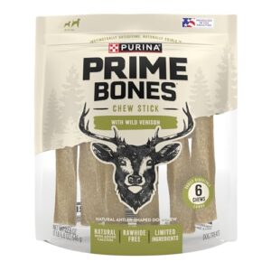 prime bones purina made in usa facilities limited ingredient natural large dog treats, chew stick with wild venison - 6 ct. pouch
