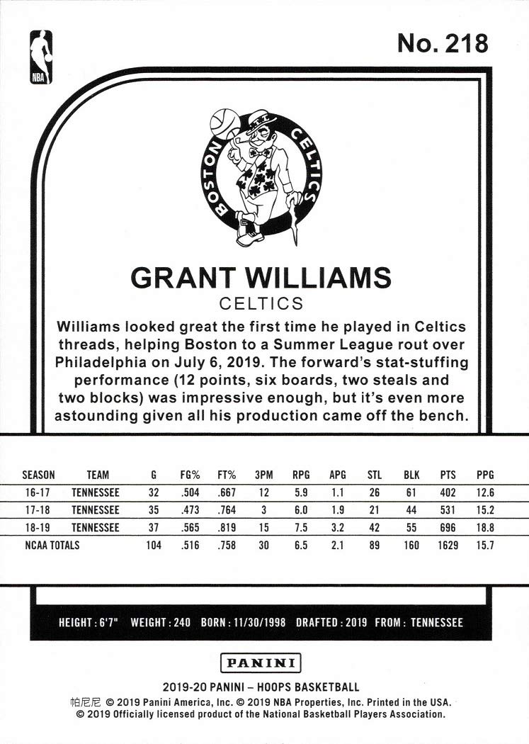 2019-20 Panini NBA Hoops Basketball #218 Grant Williams Rookie Card Boston Celtics