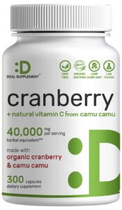 cranberry pills 40,000mg per serving with camu camu, 300* capsules – made with organic ingredients – natural vitamin c – 4x strength urinary tract health supplement – no sugar, no gmos