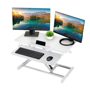 techorbits standing desk converter - 32 inch adjustable sit to stand up desk workstation, particle board, dual monitor desk riser with keyboard tray, desktop riser for home office laptop, white 32"